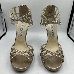 Jimmy Choo Shoe Beige Gold Leather Rhinestones Cage Ankle Size 38 1/2 - Picture 1 of 16