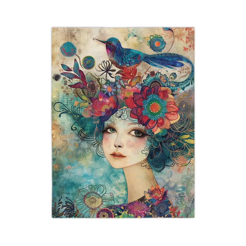 Manta decorativa para sofá felpa suave arte abstracto mujer jardín pájaro azul Foto 1 de 2