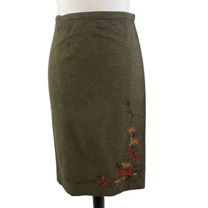 Falda Ann Taylor Talla 8 Verde Oliva Lana Rodilla Línea A Envoltura Floral Bordado Delgada - Imagen 1 de 10