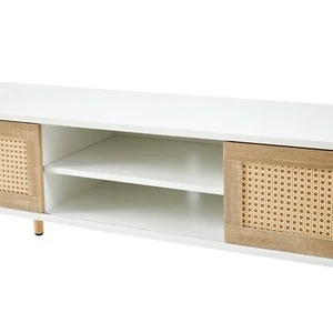 55.12" Rattan TV Cabinet with Sliding Doors & Adjustable Shelf, Solid Wood Legs - Picture 1 of 12