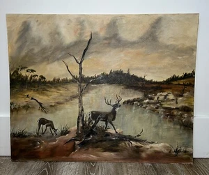 Vintage 70er Jahre signiert Hirsch Reh am Wasser Landschaft Tierwelt Ölgemälde 30x24 - Bild 1 von 12