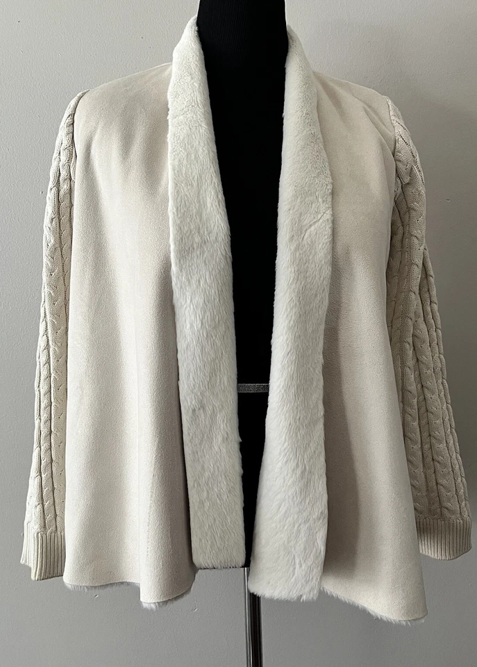 Cardigã aberto Gaby & Eden pele sintética malha cabo camurça suéter creme tamanho M mobwife - Imagem 1 de 4