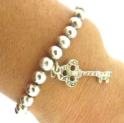 Key Charm Silver Beaded Bracelet 1x7.5" - Image 1 of 2