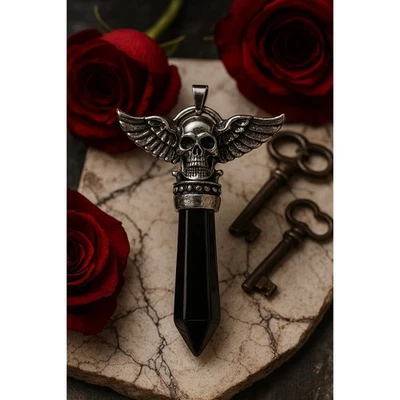 Collar Colgante Calavera Alada Punto Obsidiana Tono Plata Gótico Motociclista #9 Foto 1 de 3