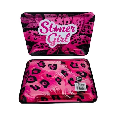 Stoner Girl Double Sided Matte Rolling Tray – Pink Leopard Print Rolling Tray - Image 1 of 3