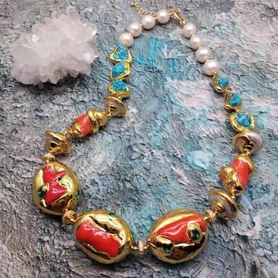 Joyería trozo hecha a mano con piedras preciosas de perlas blancas turquesa azul coral naranja Foto 1 de 4