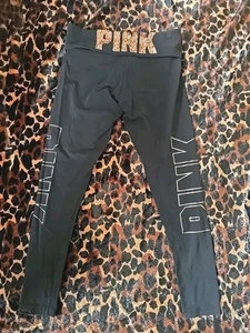 VICTORIA SECRET PINK Gold Bling Sequin Logo Black Cotton Leggings Women's sz M - Picture 1 of 10