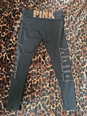 VICTORIA SECRET ROSA Dorado Bling Lentejuelas Logo Negro Algodón Leggings Para Mujer Talla M Foto 1 de 4