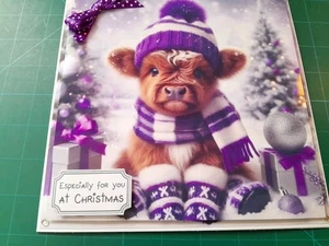 New Handmade Cute Highland Cow Themed   Christmas Card Size 8" X 8" - Picture 1 of 5