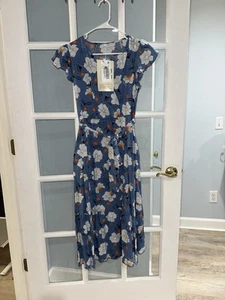 Womens dress Sz Small Faux Wrap Printed Midi Length Short Sleeve belted pin NEW - Picture 1 of 7