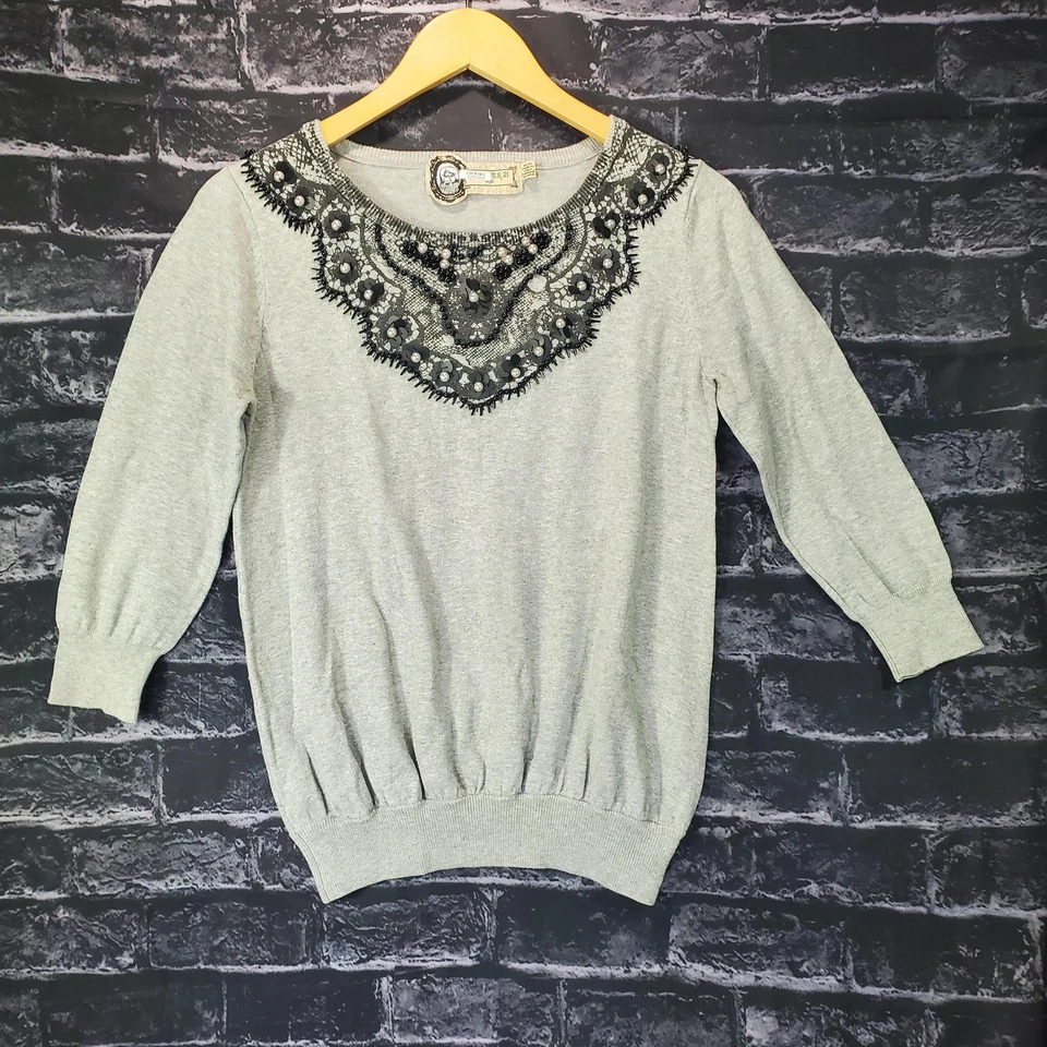 Forever 21 Sweater Womens Medium Gray Lace Pearl Beaded Whimsey Goth Boho Top - Image 1 of 4