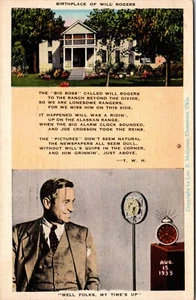 Birthplace of Will Rogers OKLAHOMA LINEN POSTCARD D12 - Picture 1 of 2