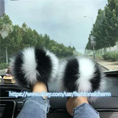 Zapatillas de playa deslizantes de piel de zorro real para mujer zapatos peludos para interiores y exteriores  Foto 1 de 4