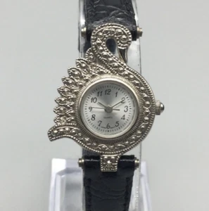 Vtg Avon Swan Marcasite Watch Women 25mm Silver Tone Leather Band New Battery - Picture 1 of 15