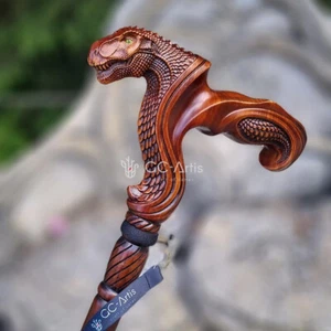 T-Rex dinosaur Walking Stick, Ergonomic Palm Grip Handle Wood Carved Cane. - Picture 1 of 6