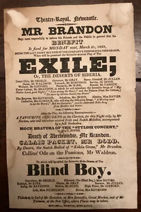 Georgian Playbill Flyer Theatre Royal Newcastle 1825 Exile Blind Boy - Picture 1 of 1