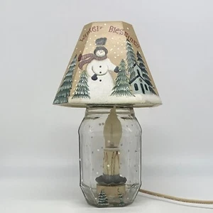 Christmas Mason Jar Table Lamp Snowman Wood Shade Flickering Night Light WORKS - Picture 1 of 9
