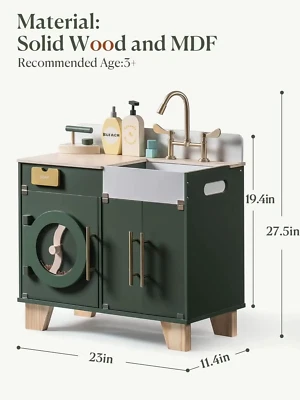 Robotime Wooden Toy Washing Machine Kitchen Set Vintage Green Washer and Dryer K - Image 1 of 4