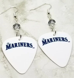 MLB Mariners Guitar Pick Earrings with Metallic Silver Swarovski Crystals - Picture 1 of 6