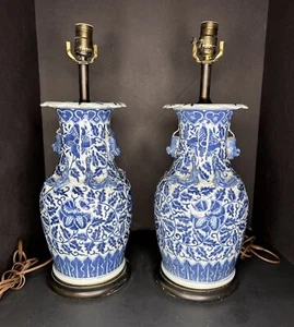 Pair of Antique Chinese Blue and White Porcelain Vase Lamps - Picture 1 of 23