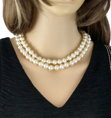 Collar de cuentas de dos hilos blanco roto imitación perlas tono dorado para mujer 17" Foto 1 de 4