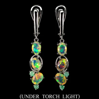 925 Sterling Silber Ohrringe Oval Feuer Opal 7X5Mm Smaragd Edelstein Schmuck - Bild 1 von 4
