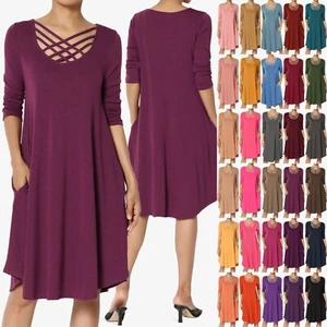 TheMogan Women's Strappy Scoop Neck 3/4 Sleeve Flowy Swing Pocket T-Shirt Dress - Picture 1 of 140