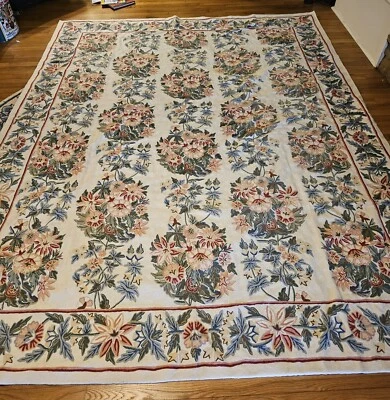 100% шерстяной ковер-цепочка 9 x 7 футов с цветочным рисунком, сделано в Индии, розовые зеленые - Изображение 1 из 4