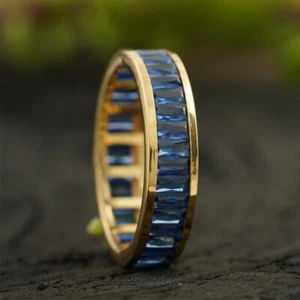2Ct Baguette Cut Blue Sapphire Eternity Wedding Band Ring 14K Yellow Gold Finish - Picture 1 of 7