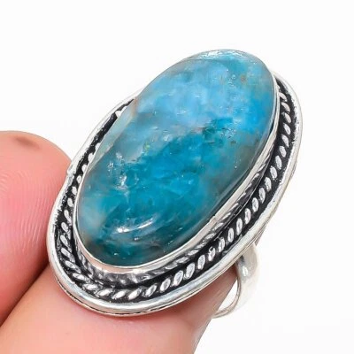 Кольцо из стерлингового серебра 925 пробы с натуральным неоновым голубым апатитом размер 8 k788 - Изображение 1 из 4