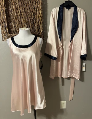 Jones NY Pajama Gown & Robe Set Pink Navy Blue Satin Small Medium Large NEW - Image 1 of 4