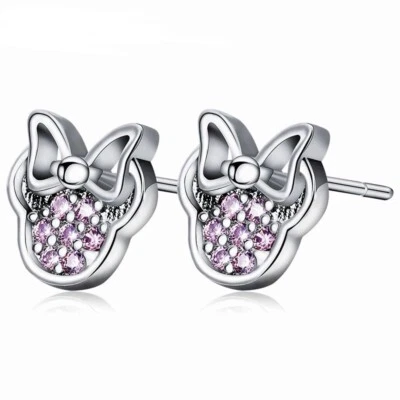 Aretes pequeños de Minnie Mouse en plata de ley 925 con circonita cúbica rosa Foto 1 de 2