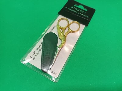 Gingher Gold Stork G-ST Embroidery Scissors 3 1/2", Leather Case. Gold Plated - Image 1 of 4