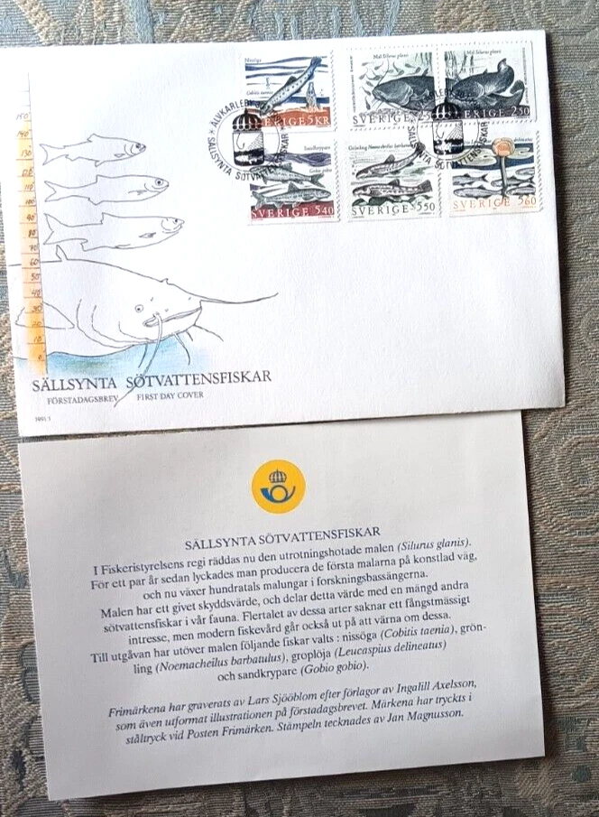 JUEGO DE 6 SELLOS DE PECES DE AGUA DULCE SUECIA 1991 FDC + HOJA INFORMATIVA Foto 1 de 1