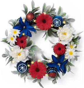 Patriotic Wreath for Front Door with Lights,20'' Red White Blue 4Th of July Wrea - Picture 1 of 12