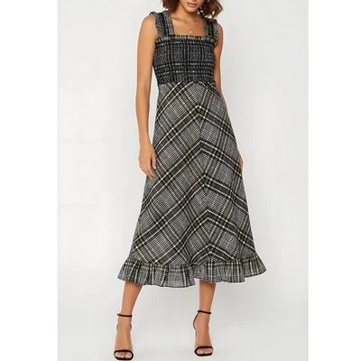 $285 NWT GANNI Charron Seersucker Smocked Maxi Dress, Cuban Sand, FR42/US10 - Image 1 of 4