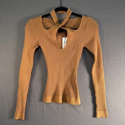 MINKPINK Ribbed Knit Flirty Cutout Crisscross Neckline Long Sleeves Top - Size S - Image 1 of 4