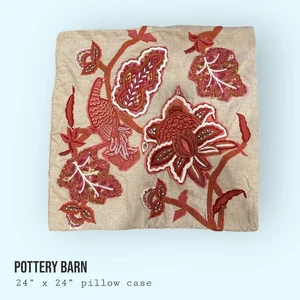 Pottery Barn 24x24 Floral Bird Applique Embroidered Pillow Cover - Picture 1 of 6