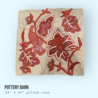 Pottery Barn 24x24 Floral Bird Applique Embroidered Pillow Cover - Image 1 of 4