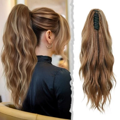 Pelo largo sintético extensión cola de caballo con clip de garra ondulada de 18"  Foto 1 de 4