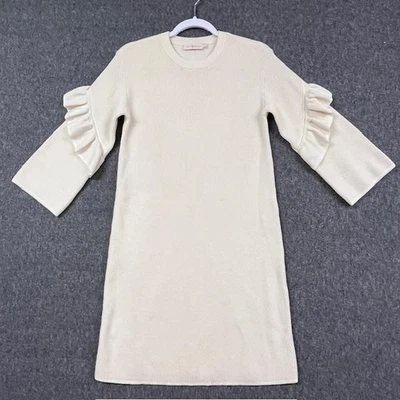 Vestido Suéter Tory Burch Para Mujer Pequeño Marfil Lana Volantes Manga Acanalada Tejido Cuello Redondo Foto 1 de 4