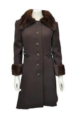 Vintage 1960s Tailored Brown Wool Mod Coat w/ Mink Fur Trim Fall Winter S/M - Image 1 of 4