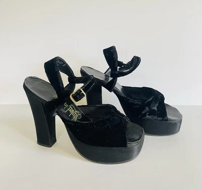 VINTAGE 70's 1970s Black Chunky Platform Disco Boho Chic Shoes Velvet & Satin - Image 1 of 4