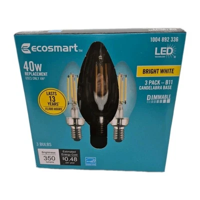 3pk Ecosmart 40W LED Light Bulb B11 Dimmable Clear Glass Bright White Chandelier - Image 1 of 2