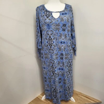 Jessica London Dress Plus Size 20W Blue Paisley Long Tie Sleeves Shirt Keyhole  - Image 1 of 4