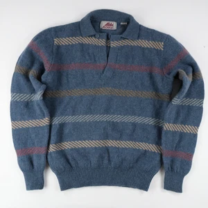 Vintage Donner Mountain Men's Pure Virgin Wool Medium Knit Polo Sweater Blue ALD - Picture 1 of 6