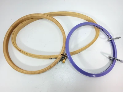 3 Embroidery Hoops 5" Purple Plastic Metal Tension, 6"  Wood, 5" X 9" Oval Wood - Image 1 of 4
