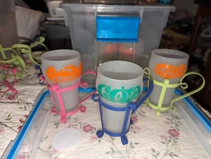 RARE VINTAGE 1960'S LOT 3 SODA FOUNTAIN SHOP FROSTED GLASSES WITH HOLDERS COLOR! - Picture 1 of 5