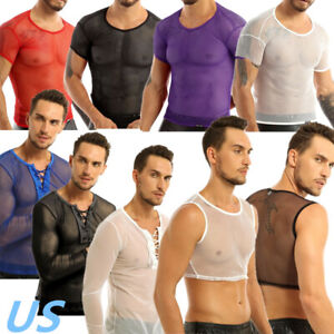 US Sexy Men See Through Sheer Short Sleeve Tank Tops T-shirt Undershirt Clubwear