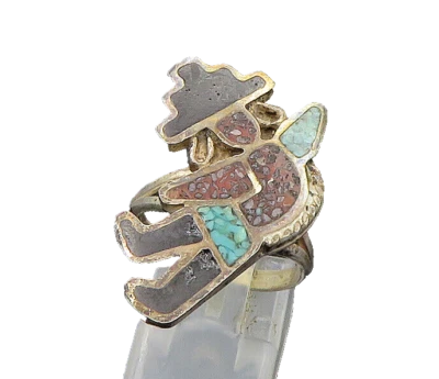 ZUNI NAVAJO 925 Silver   Vintage Turquoise Coral & Onyx Band Ring Sz 8 RG23027 - Image 1 of 4